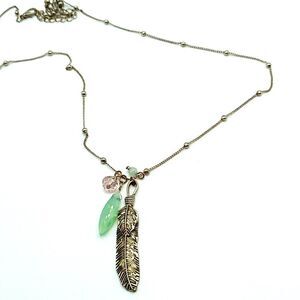 Feather Leaf & Acrylic Bead Necklace on Silver-tone Beaded Chain